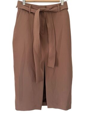 Wilfred Aritzia brown nutmeg belted high waisted midi skirt front slit size 4